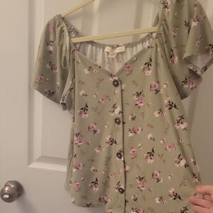 Monteau Button-Up Floral Blouse - Green and Pink